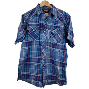 Wrangler Western Shirt Men's‎ Size L Pearl Snap S/S Blue Plaid Country Fit